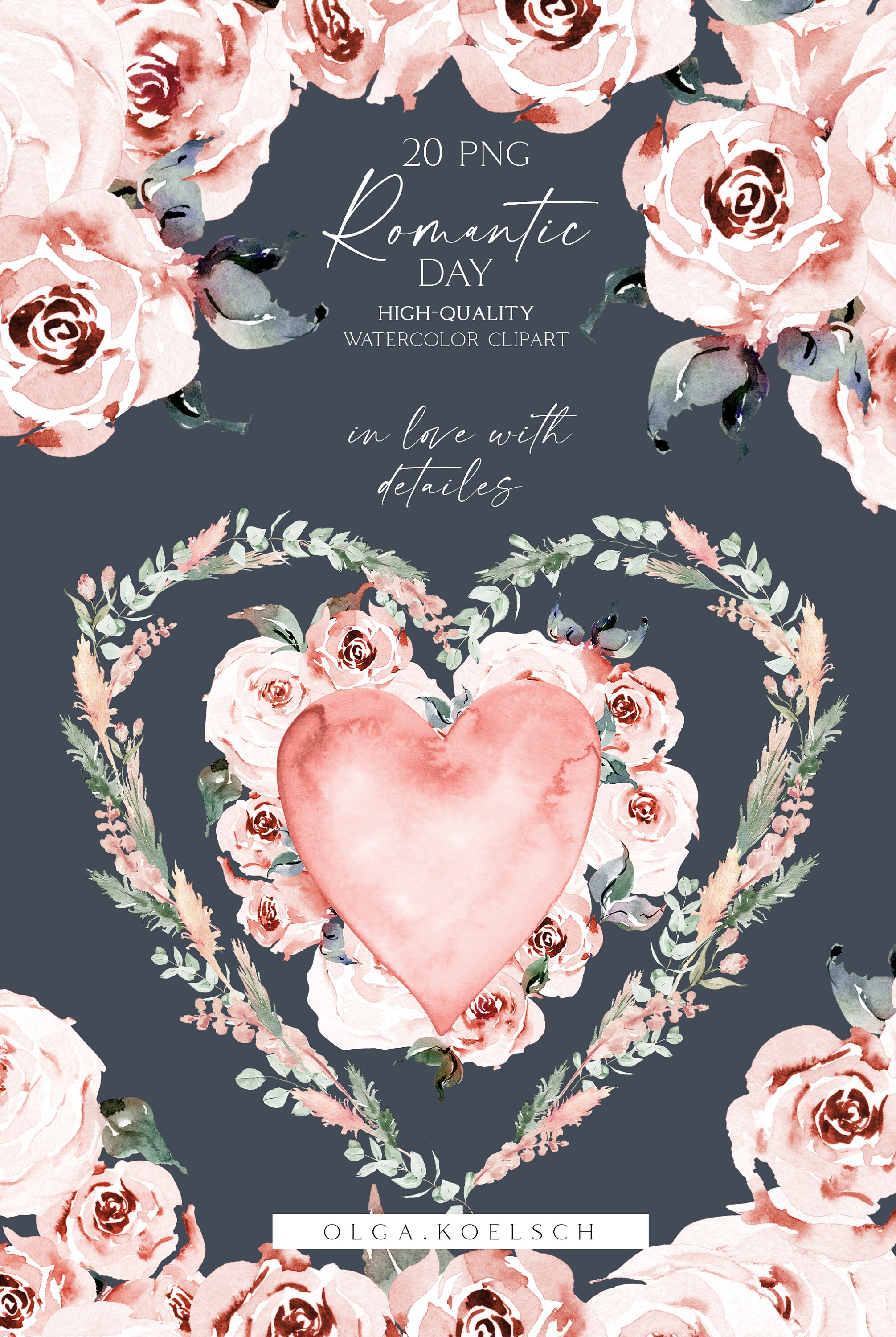 Watercolor Valentine Clipart, Pink Floral Heart Png, Pink Roses Borders ...
