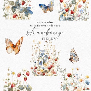 Może przedstawiać: Aquarelowe kliparty przedstawiające pole truskawek z dzikimi kwiatami i motylami. Tekst "watercolor wildflowers clipart strawberry FIELDS" znajduje się na dole obrazka.