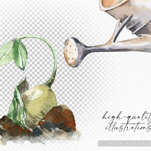 May include: Watercolor illustration of a green sprout emerging from the ground with a watering can pouring water on it. The watering can is brown and metal with a silver spout. The background is a transparent checkered pattern.