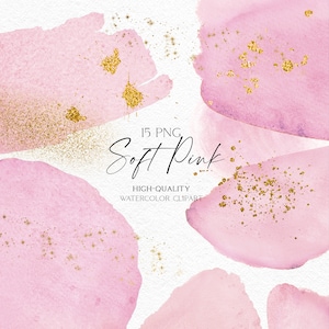 Pinceladas de acuarela rosa png, clipart abstracto dorado, texturas rosa pastel para invitación de boda, baby shower, redes sociales