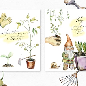 May include: Two watercolor illustrations with gardening tips. The first shows a tomato plant with the text "How to grow a tomato". The second shows a gnome holding a shovel and a potted plant with the text "My garden tips".