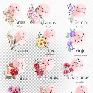 May include: Watercolor illustrations of the zodiac signs with flowers. Each sign is represented by a different flower, such as a tulip for Aries, a peony for Taurus, and lavender for Gemini.
