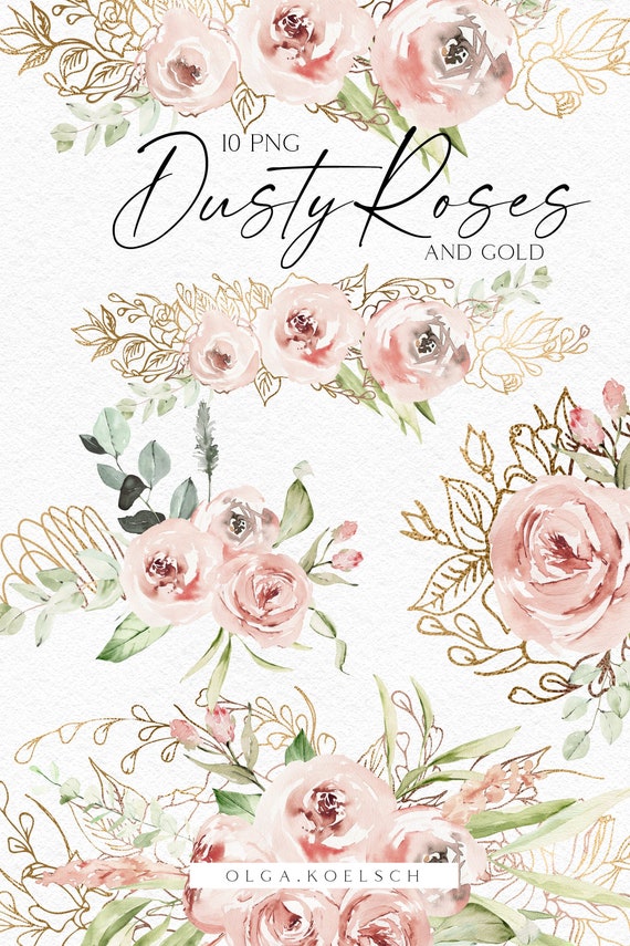 Boho roses gold glitter clipart Watercolor floral borders png Wedding clipart with dusty pink roses and gold logo png OK001