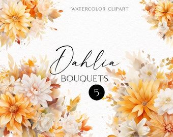 Clipart di fiori autunnali ad acquerello, clipart floreale boho, fiori di dalia per inviti di nozze autunnali, bordi floreali, baby shower 150