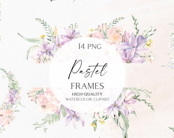 Watercolor pink flower frames clipart, Spring floral wreath png, Botanical clipart for wedding invitation, baby shower, logo 124
