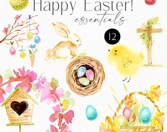 Watercolor Easter Clipart, Easter egg clipart, Easter bunny, cute chicken, birds house png for greeting cards diy, Catholic clipart