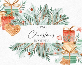 Aquarel kerst frames clipart, rode en groene kerst ornament png, geschenken png voor digitale scrapbooking, wenskaarten 090