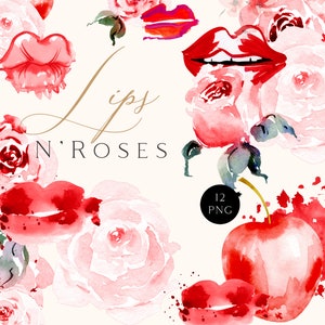 Clipart bachelorette avec fleurs roses et rouges et bouquets de roses, baisers lèvres et roses rouges clipart, clipart amour pour mariage, proposition