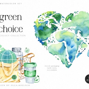 Aquarell Earth Day Clipart, ökologische Symbole, Greenery Clipart, Öko-Shop-Etiketten, Wiederverwendungsschild, Bio-Poster