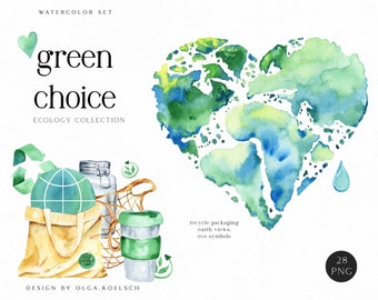 Watercolor Earth day clipart,  ecological icons, greenery clipart, eco shop labels, reuse sign, organic posters