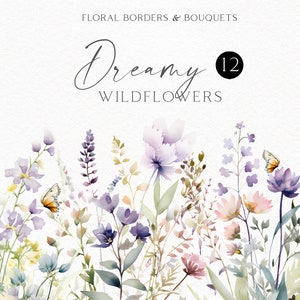 Bordas de aquarela de flores silvestres clipart, buquê de prado roxo png para casamento de flores silvestres, chá de bebê, pôsteres 158