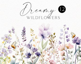 Watercolor wildflower borders clipart, Purple meadow bouquet png for wildflower wedding, baby shower, posters 158