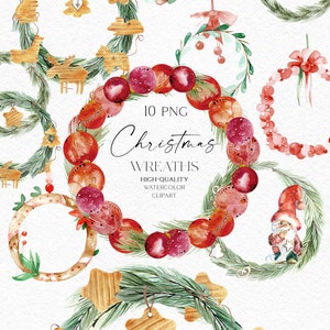 Watercolor Christmas wreath clipart, Red and green Christmas border png, baubles for digital scrapbooking, greeting cards 090