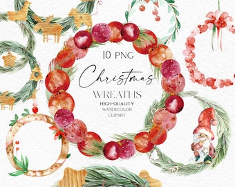 Aquarel kerstkrans clipart, rode en groene kerstrand png, kerstballen voor digitale scrapbooking, wenskaarten 090