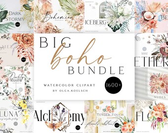 Watercolor boho floral clipart bundle,  Rose clipart for wedding invitation, Digital botanical clipart for baby shower diy 121
