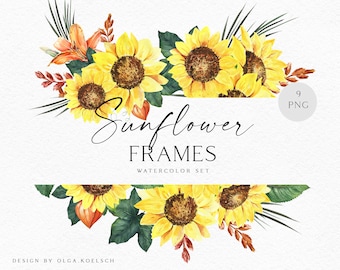Watercolor Sunflower Frame Clipart, Boho Fall Bouquet (PNG, PDF)