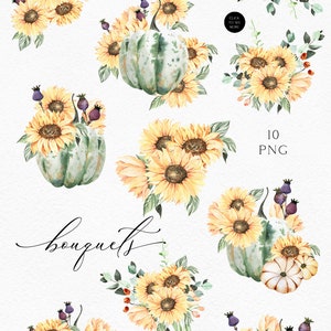 May include: A set of 10 watercolor illustrations featuring bouquets of sunflowers and eucalyptus with pumpkins. The text "bouquets" is written in cursive at the bottom of the image. The text "10 PNG" is written in the top right corner of the image.