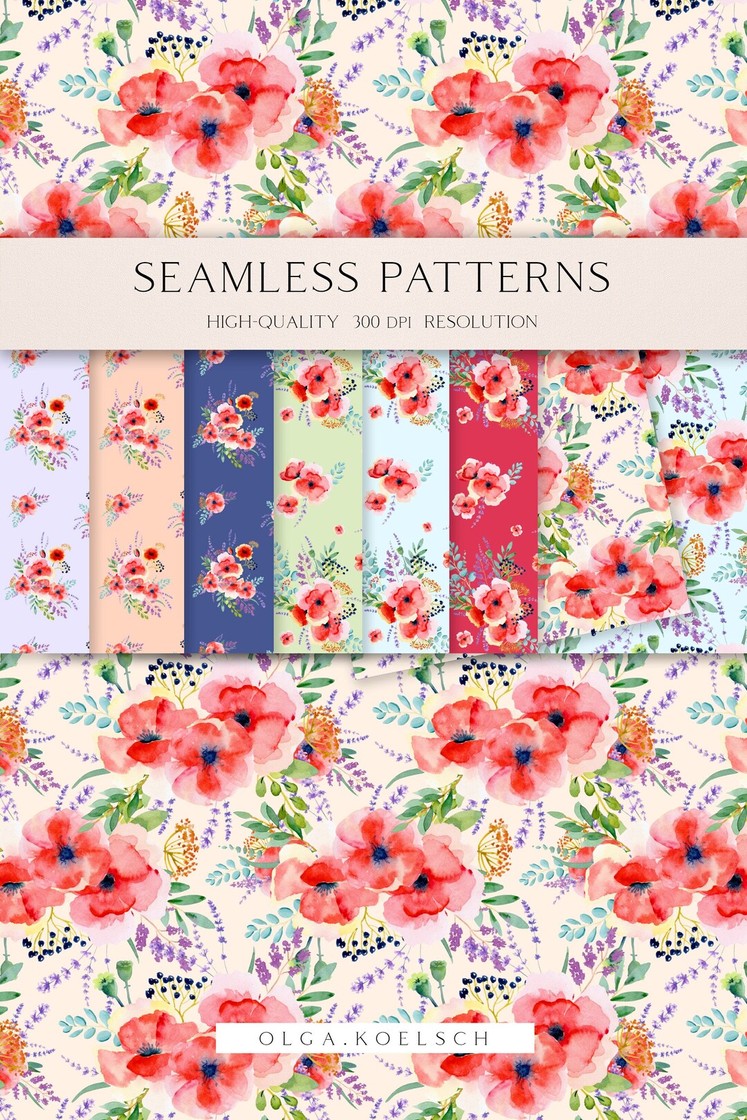 Boho Seamless Pattern for Fabric, Watercolor Poppy Flower Seamless ...