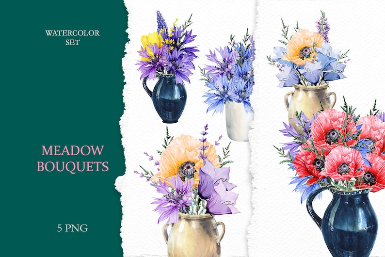 Country png. Watercolor Rustic arrangement Watercolor Meadow Flowers Clipart Hand Painted Meadow Bouquets in Vases Blue flowers