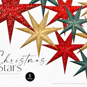 Watercolor Christmas stars clipart, Gold, green, red Christmas stars png, Winter greeting card diy 092