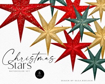 Watercolor Christmas stars clipart, Gold, green, red Christmas stars png, Winter greeting card diy 092