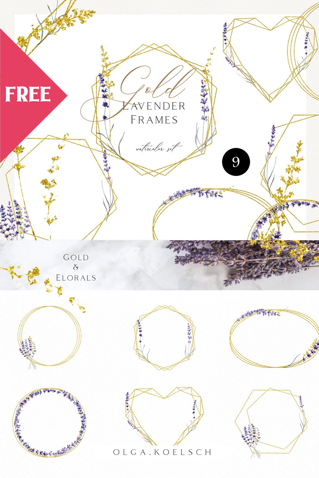 FREEBIE Watercolor Lavender Frame Clipart, Golden Geometric Frame ...