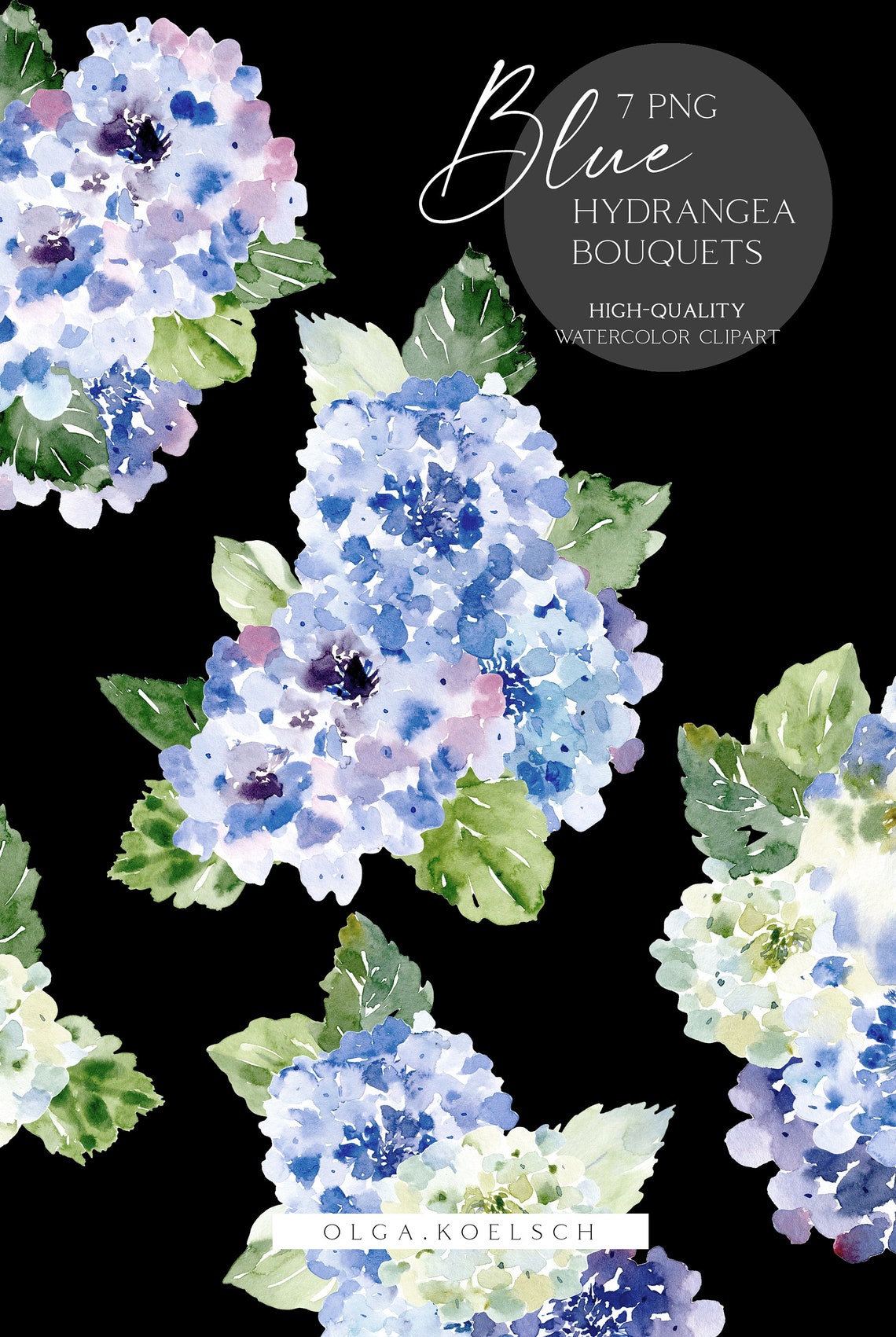 Watercolor hydrangea clipart Blue floral clip art Blue | Etsy