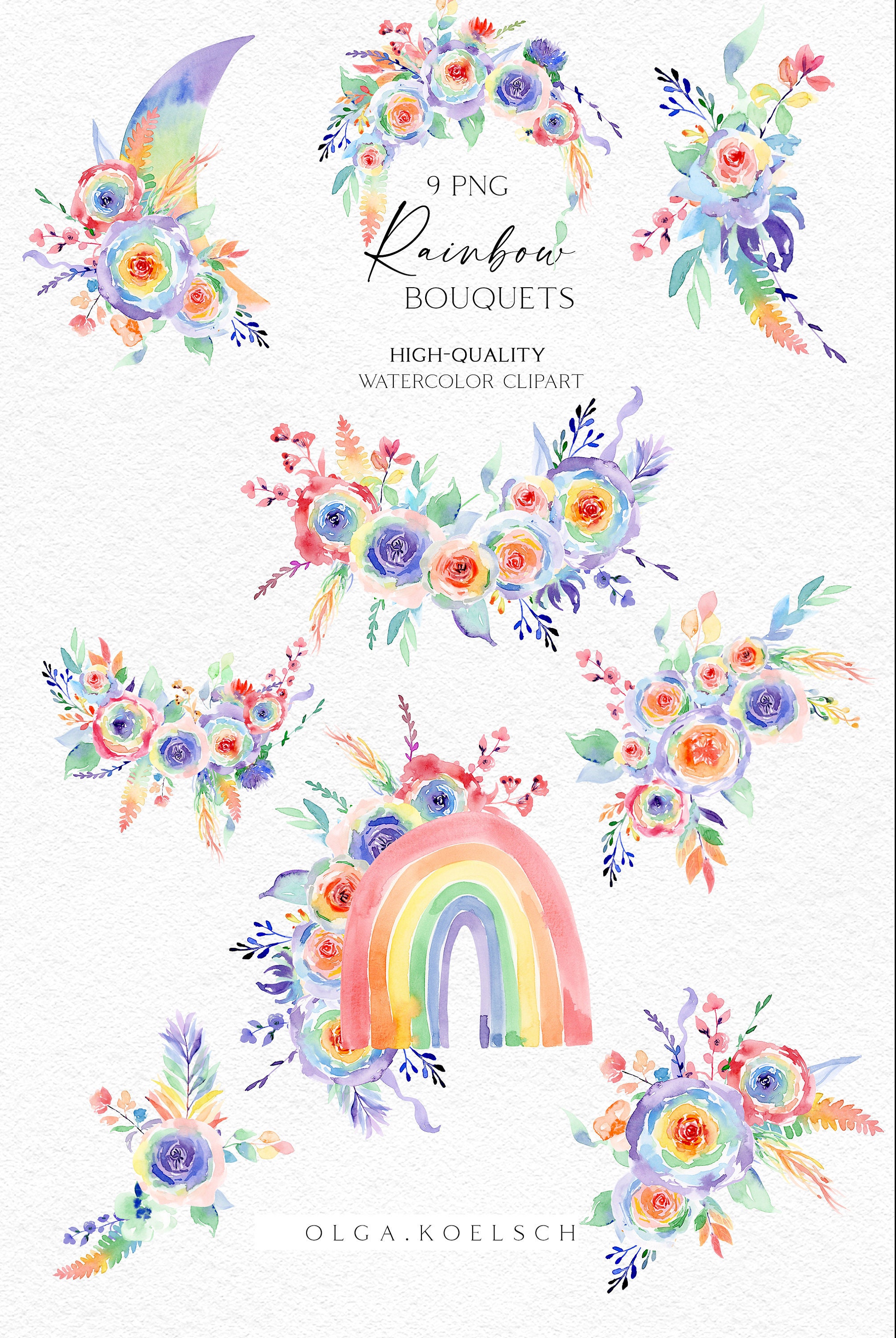 Boho Rainbow Clipart, Watercolor Rainbow Png, Boho Floral Clip Art ...