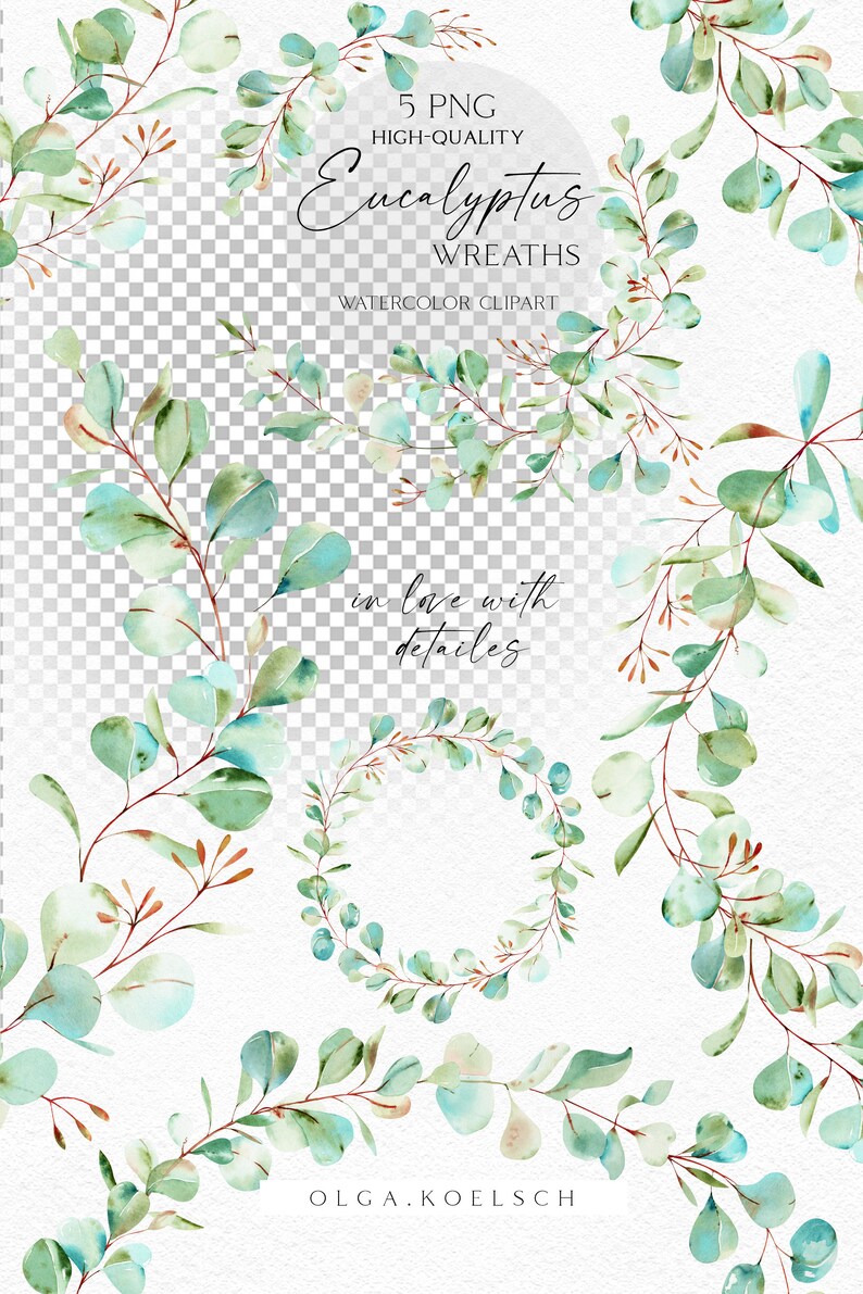 Watercolor Eucalyptus Wreath Clipart, Greenery Wedding Invitation (PNG ...
