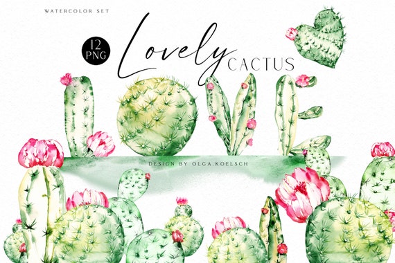 Watercolor cactus clipart, Love cactus png. Hand-painted green succulent clipart, for birthday, greetings cards, Valentine's Day