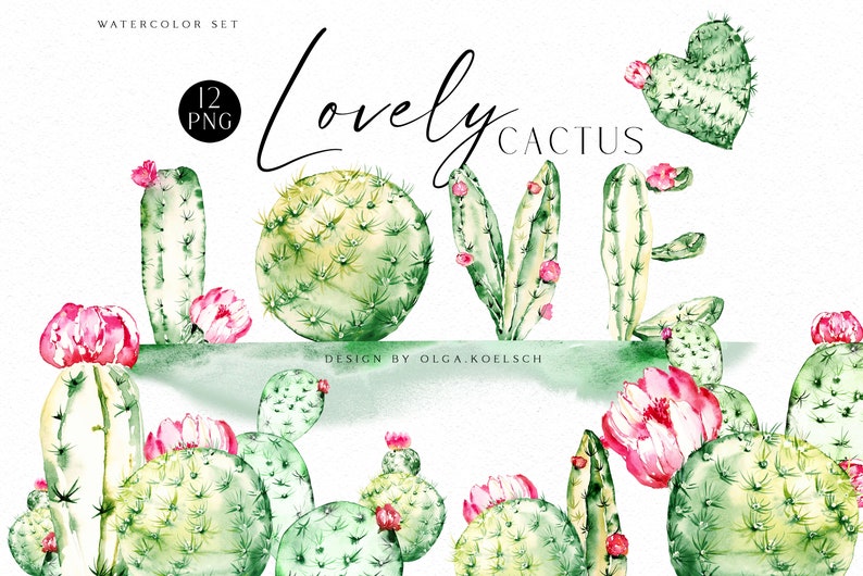 May include: Watercolor illustration of the word "LOVE" spelled out using cactus plants with pink flowers. The text "Lovely Cactus" is written above the word "LOVE".