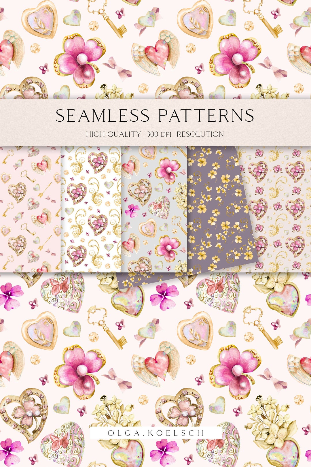 Watercolor Valentine Hearts Seamless Pattern for Fabric, Golden Heart ...