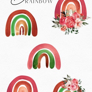 Op de afbeelding: Vijf aquarel boho regenbogen in tinten van rood, oranje, groen en bruin. De regenbogen zijn gerangschikt in een rasterpatroon met twee bloemboeketten.