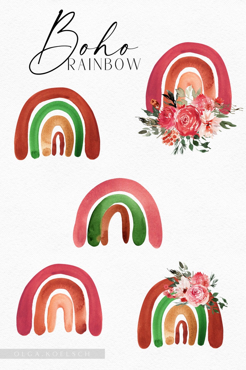 Op de afbeelding: Vijf aquarel boho regenbogen in tinten van rood, oranje, groen en bruin. De regenbogen zijn gerangschikt in een rasterpatroon met twee bloemboeketten.
