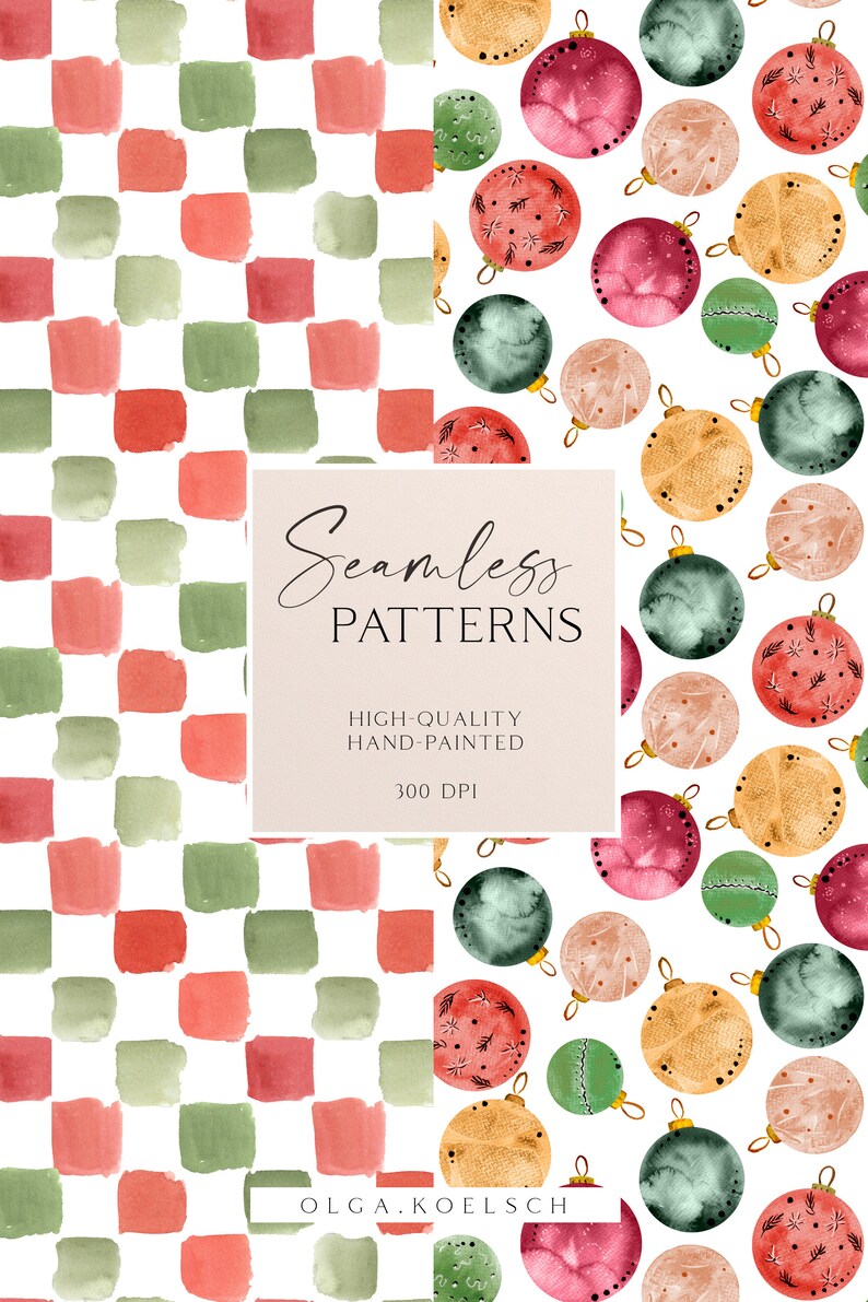 May include: Two seamless patterns, one with red and green watercolor squares and the other with watercolor Christmas ornaments in red, green, gold, and beige.