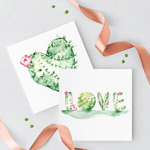 May include: Two watercolor illustrations featuring cactus plants. The first illustration shows a heart-shaped cactus with a pink flower. The second illustration shows the word "LOVE" spelled out using cactus plants.