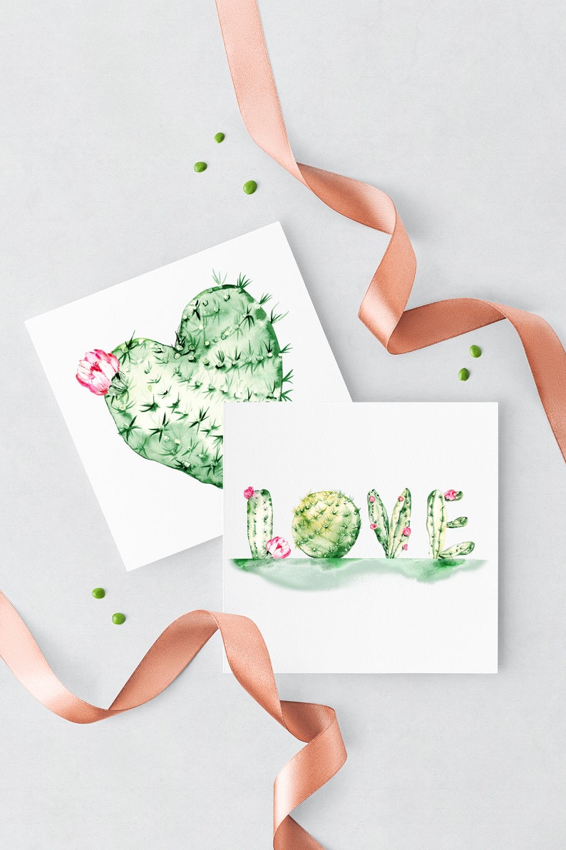 May include: Two watercolor illustrations featuring cactus plants. The first illustration shows a heart-shaped cactus with a pink flower. The second illustration shows the word "LOVE" spelled out using cactus plants.