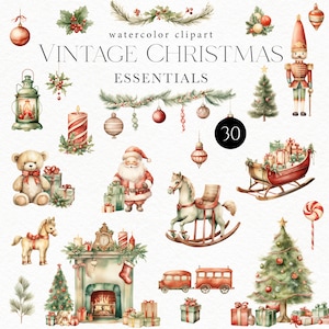 Clipart de Natal vintage em aquarela com Papai Noel, quebra-nozes, árvores, guirlandas de folhagens para cartões de felicitações e etiquetas de presente 163