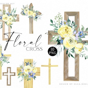 Aquarell Blumen Kreuz Clipart, Religiöses Ostern Clipart, Taufe Kreuz, Erstkommunion Clipart 33