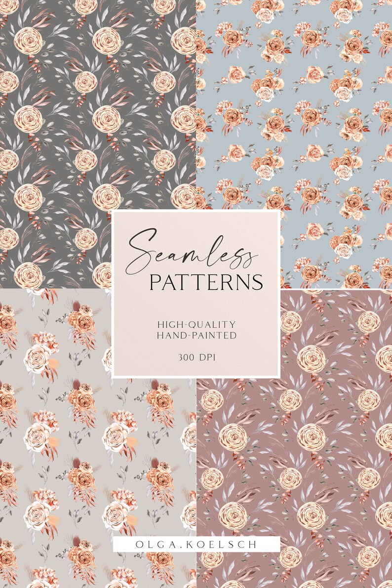 Boho Flowers Watercolor Digital Paper Floral Seamless Pattern | Etsy