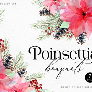 Watercolor christmas poinsettia clipart Winter watercolor graphics floral png Christmas wreath clipart