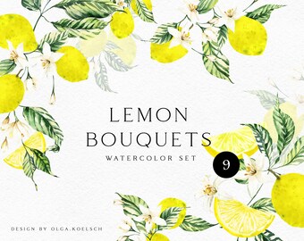 May include: Watercolor illustration of lemon bouquets with bright yellow lemons, white blossoms, and green leaves. The text "Lemon Bouquets Watercolor Set" is displayed. The number "9" is in a black circle.