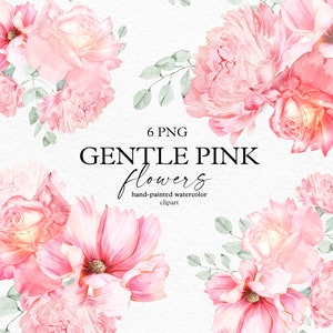 Op de afbeelding: Een set van zes digitale aquarel illustraties van roze bloemen, waaronder rozen, pioenen en anjers. De bloemen zijn met de hand geschilderd en hebben een delicate, romantische uitstraling. De tekst "6 PNG GENTLE PINK flowers hand-painted watercolor clipart olga.koelsch" is in de afbeelding opgenomen.