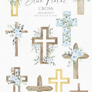 May include: Set of 10 watercolor clipart images of wooden crosses decorated with blue flowers. The text "Blue Floral Cross" is written in the image. High-quality watercolor clipart.