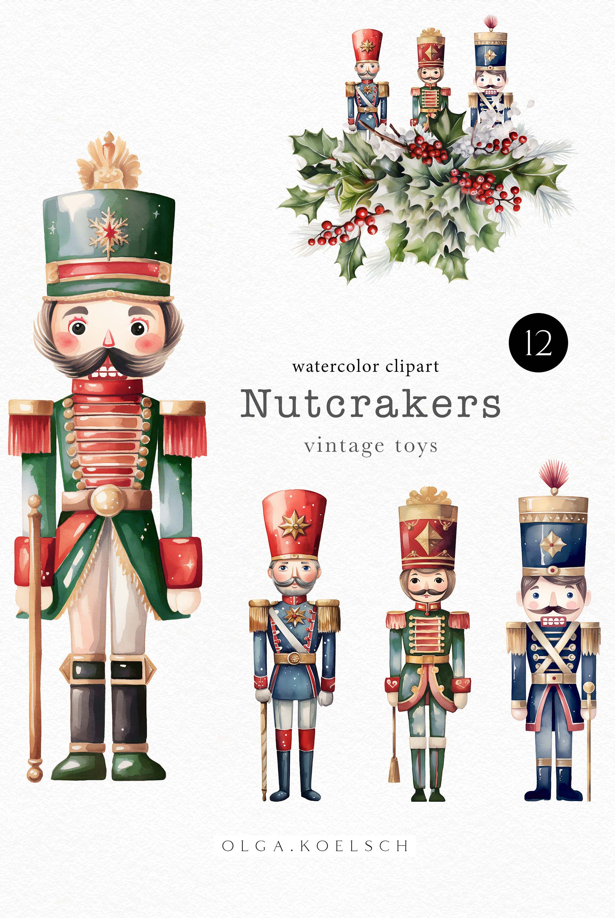 Watercolor nutcracker clipart for vintage Christmas greeting cards, retro posters and holiday ballet  invitations 163