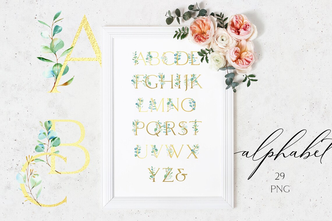 Eucalyptus Watercolor Alphabet Clipart, Greenery Clipart With Floral ...