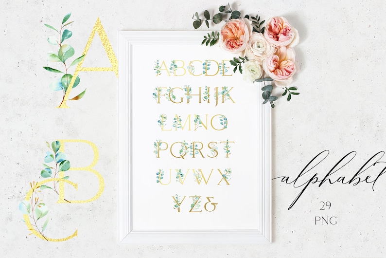 Eucalyptus Watercolor Alphabet Clipart, Greenery Clipart With Floral ...