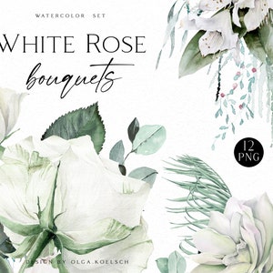 Aquarell Boho Clipart, weiße Rosensträuße, weiße Blumen und Grün Clipart für Hochzeitseinladungen, Muttertag, feminines Logo 048