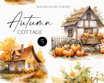 Watercolor farmhouse clipart, Fall pumpkin house png, Rustic cottage for housewarming invitation, thanksgiving Commercial use 150