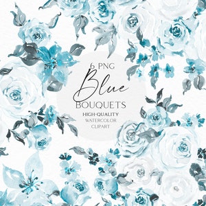 Rosas azuis clipart, Buquês de inverno em aquarela png, Borda floral azul bebê clipart, Guirlanda png para casamento, chá de bebê menino 103